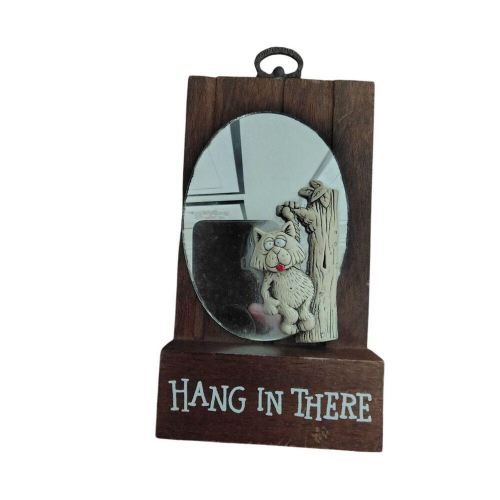Vintage Wallace Berrie Hang in There Mirror Wooden Wall Plaque Funny Cat Kitsch